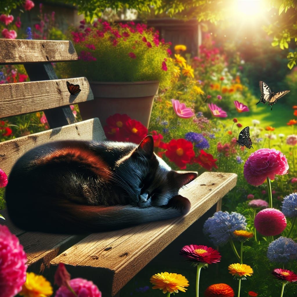 Peaceful Black Cat in Vibrant Spring Garden