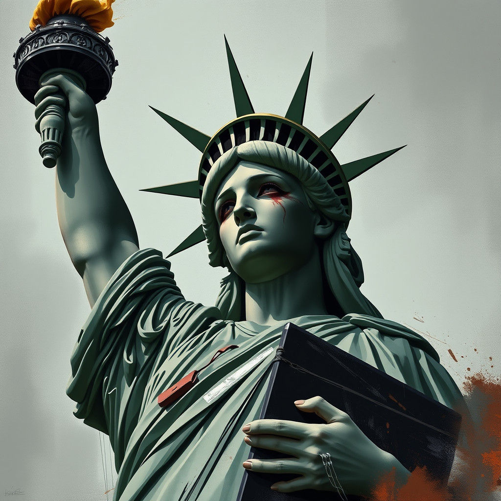 Lady Liberty with a black eye and bruises