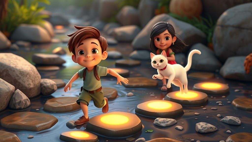 Children and Cat Crossing Magical Stream in 3D Animation