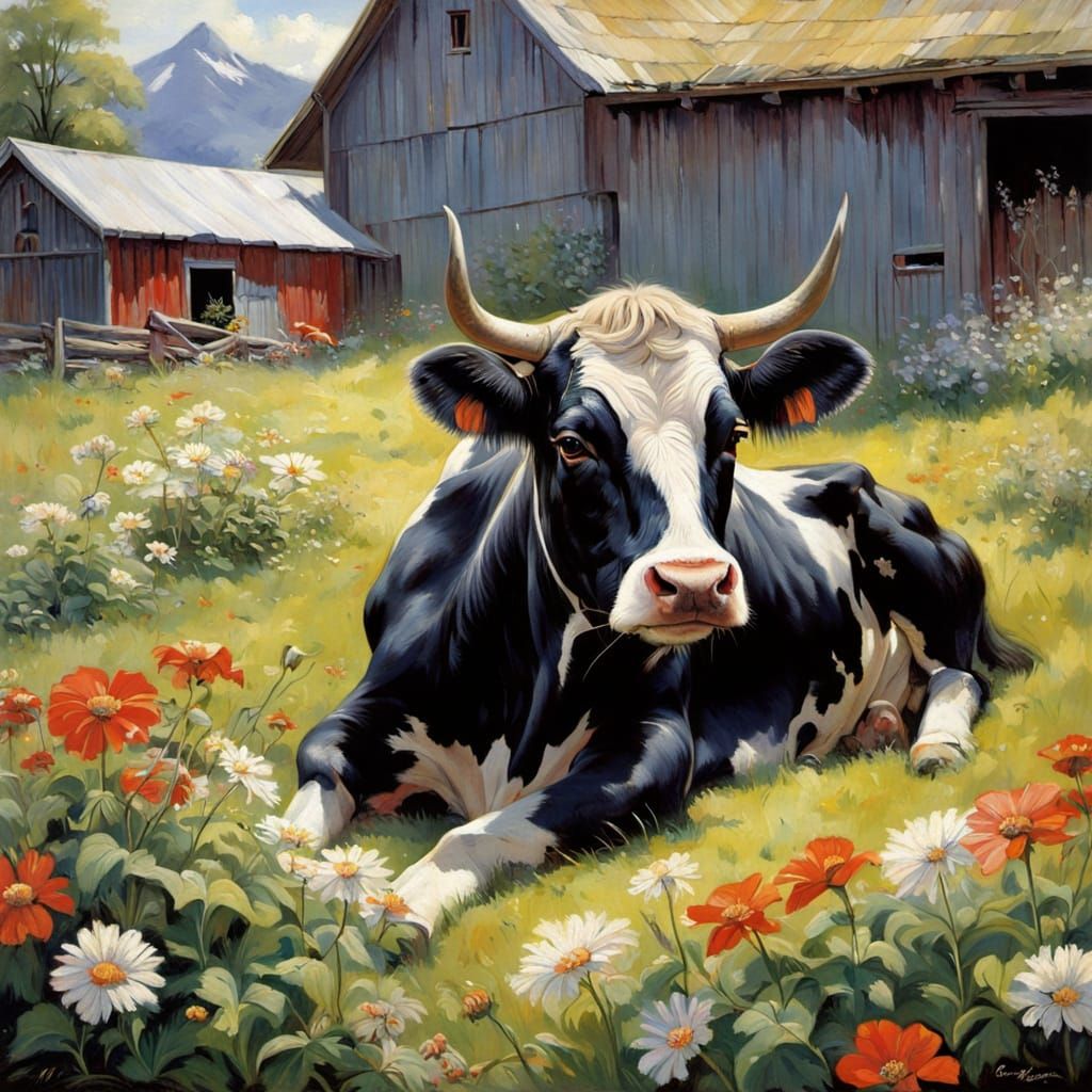 Norwegian Cow Portrait in a Vibrant Floral Meadow