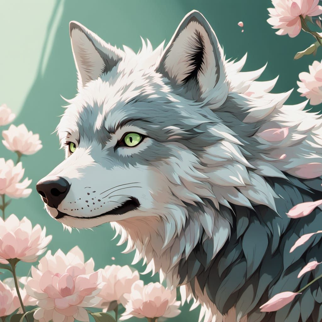 Wolf with Petals in Studio Ghibli Style