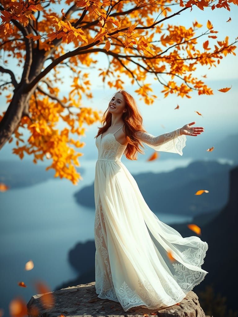 Bride Embraces Autumn Serenity on Cliff Overlooking Lake