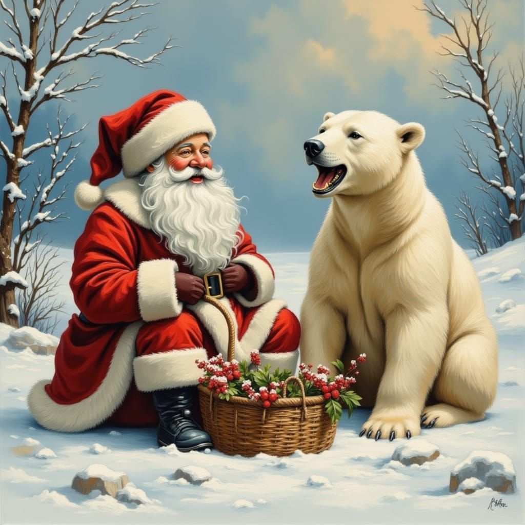 Jovial Santa Claus with Polar Bear in Arctic Landscape