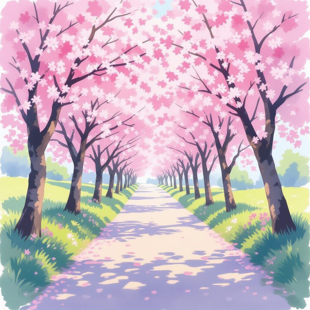 Serene Cherry Blossom Path in Ethereal Light Pink