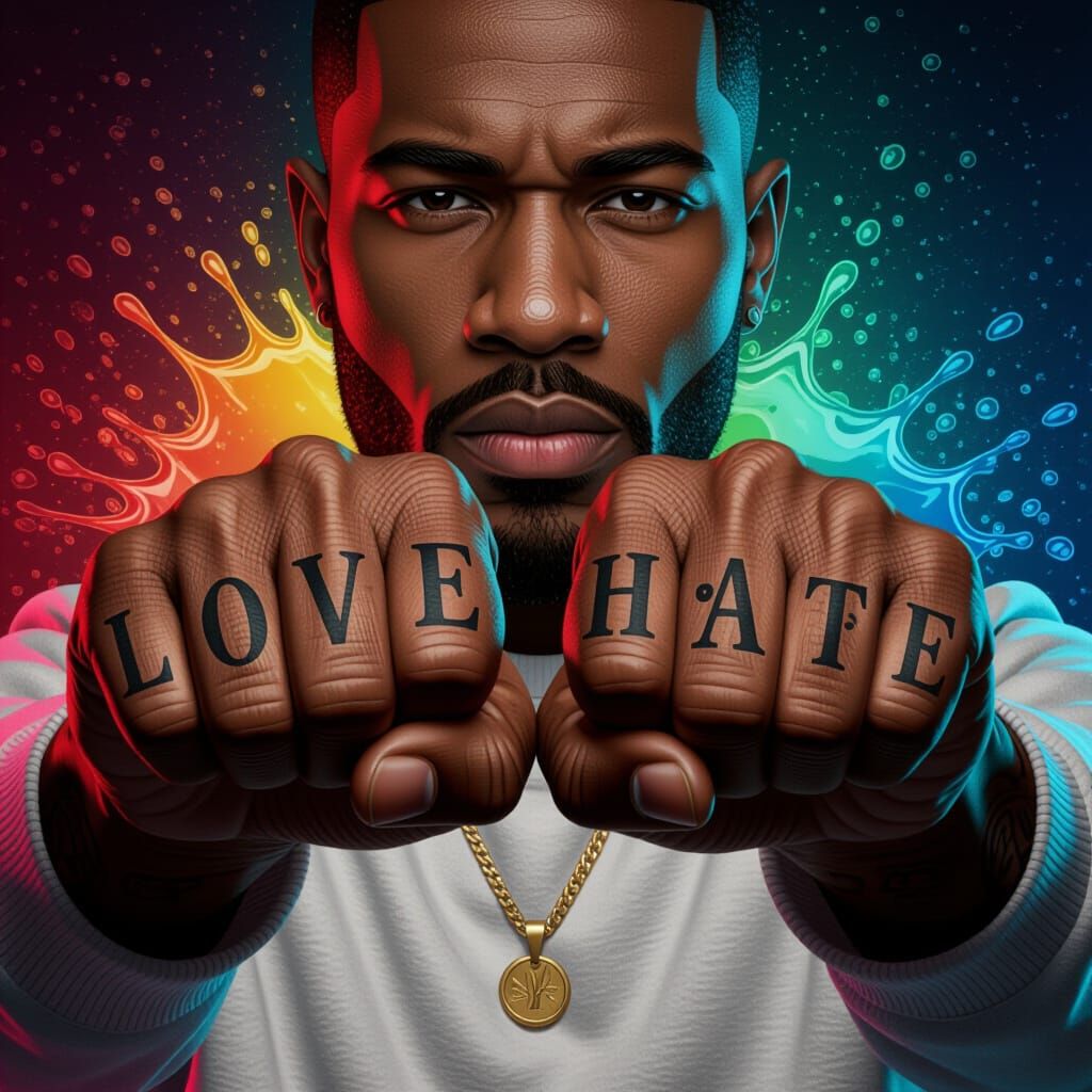 Hyperrealistic Hands with LOVE & HATE Tattoos