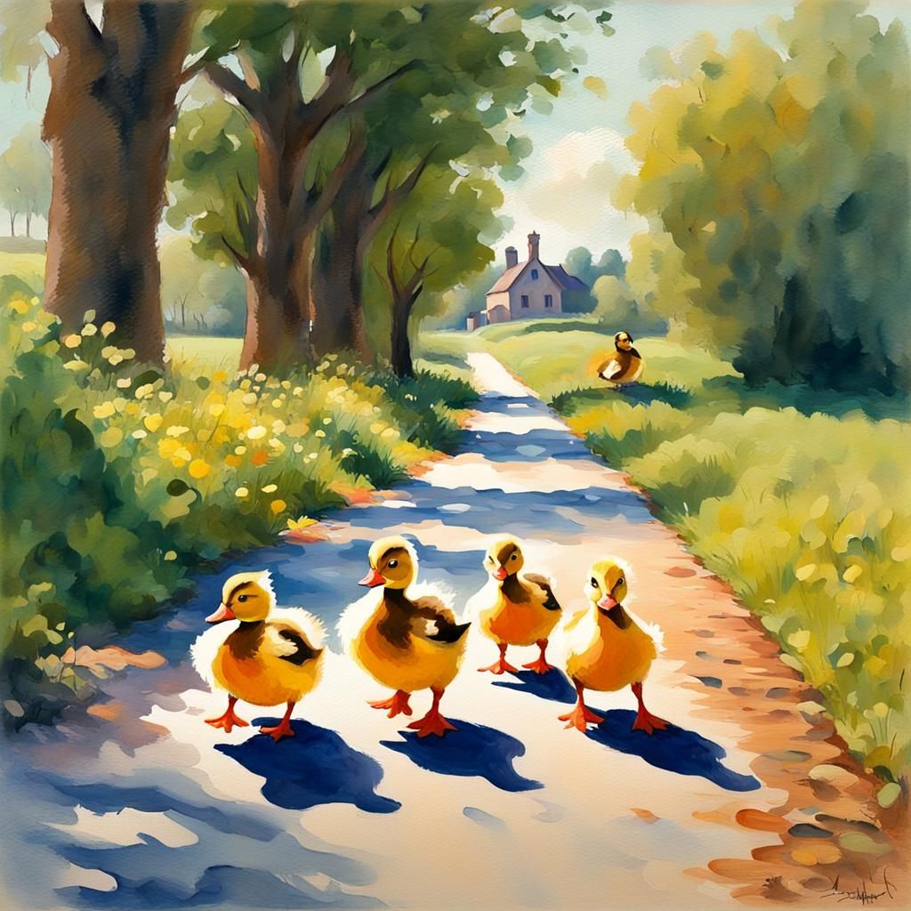 Ducklings Crossing Lane in Gouache Impressionist Style