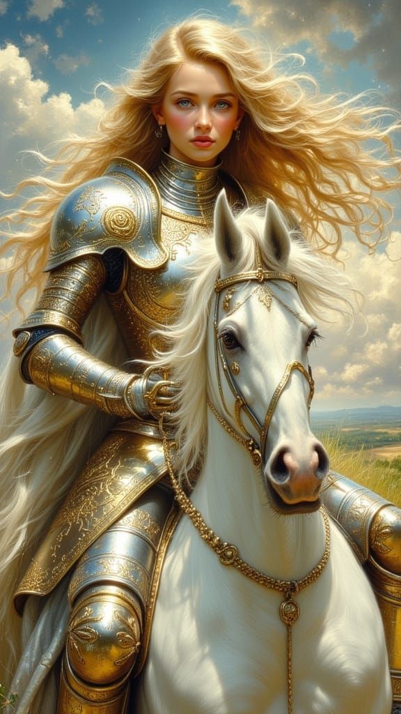 Woman in Armour on White Horse, Pre-Raphaelite Painting