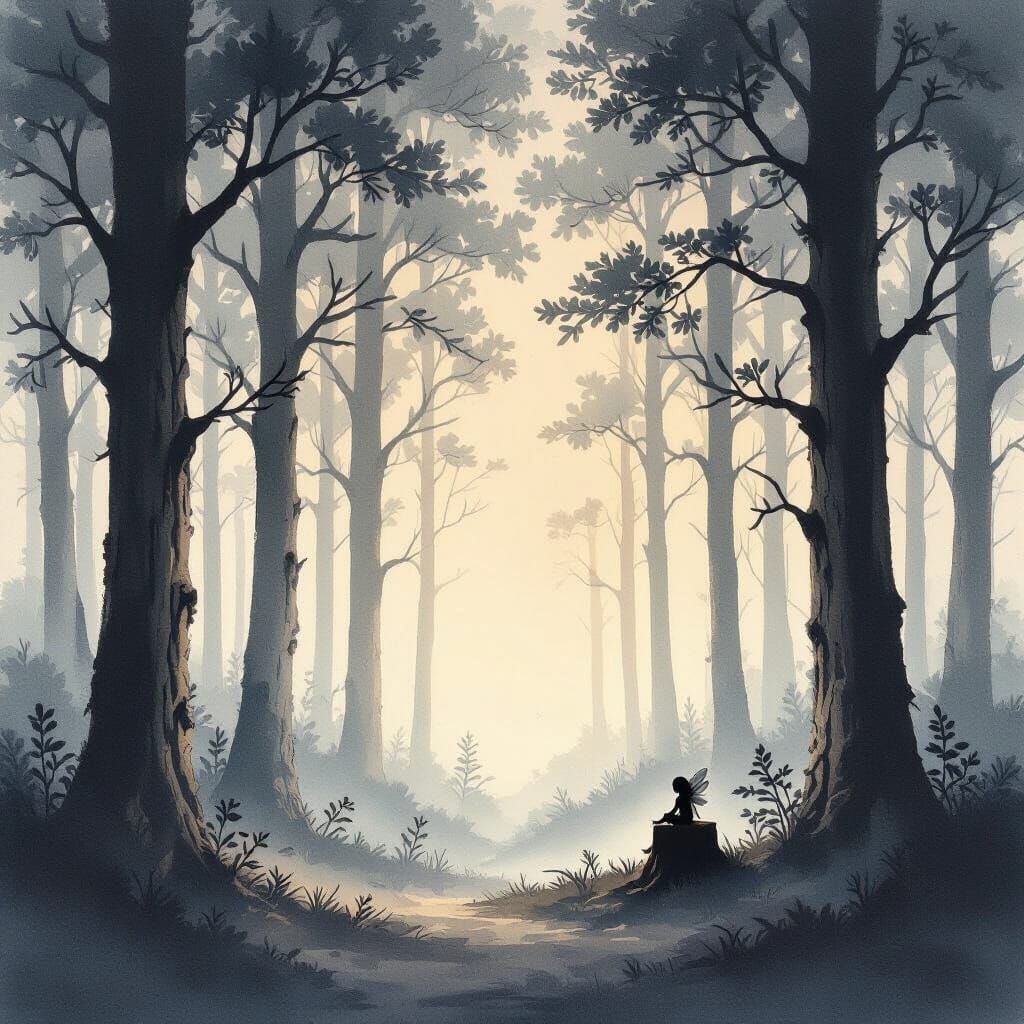 Ethereal Forest Clearing at Dawn in Sumi-e Style