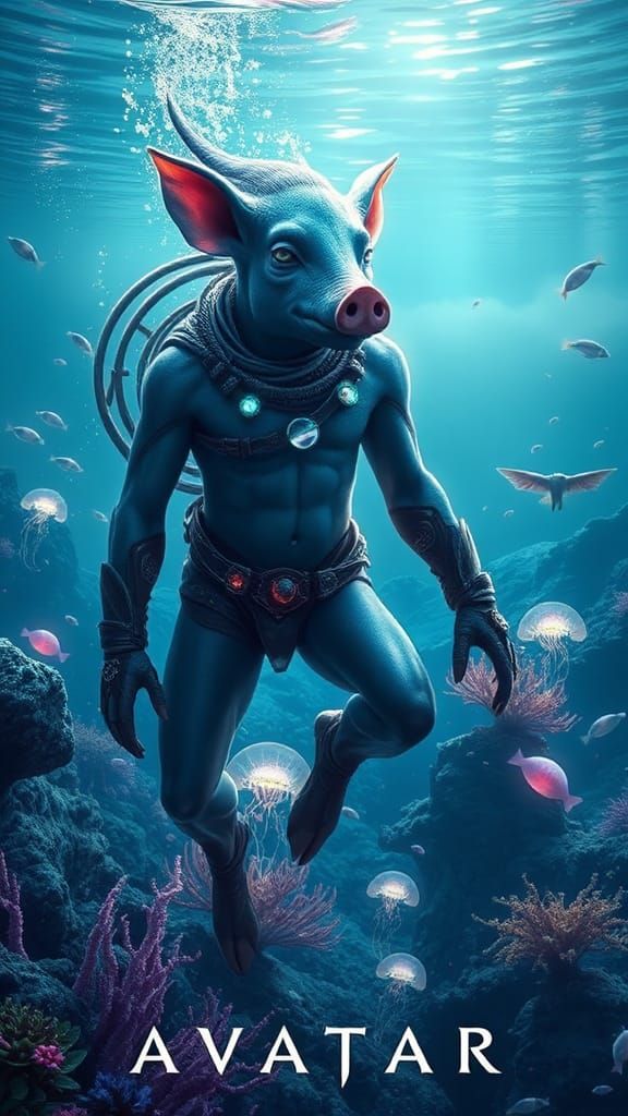 Pig-Na'vi Warrior in Underwater Paradise, Syd Mead Style