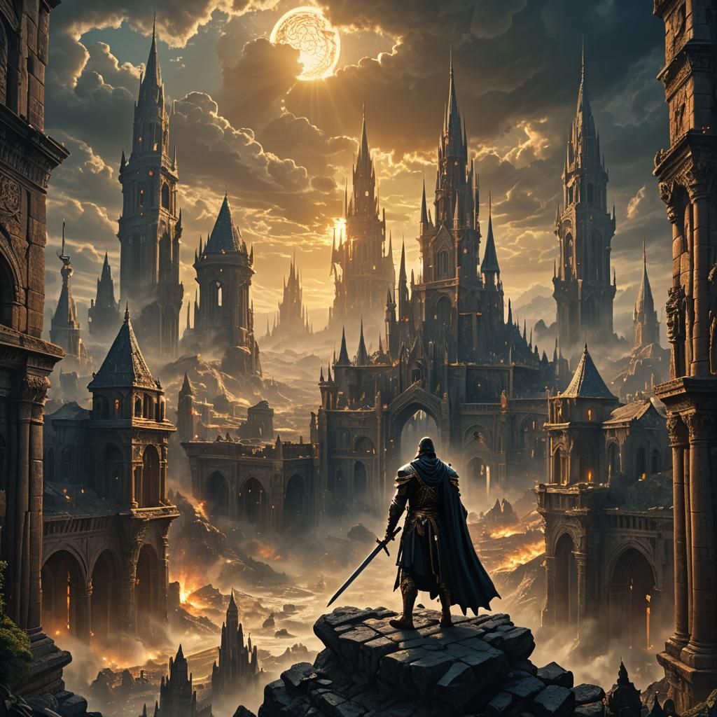 Heroic Figure in Ancient City at Dusk