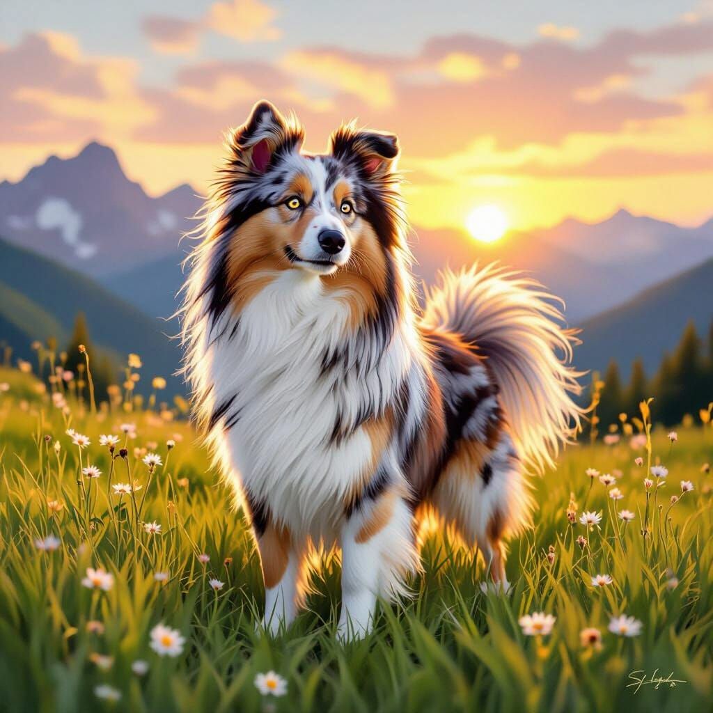 Sheltie Dog in Mountain Landscape, Dreamy Art