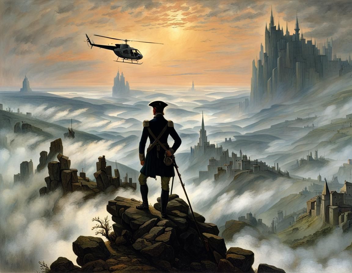 Musketeer Overlooking Foggy City: Romantic Landscape