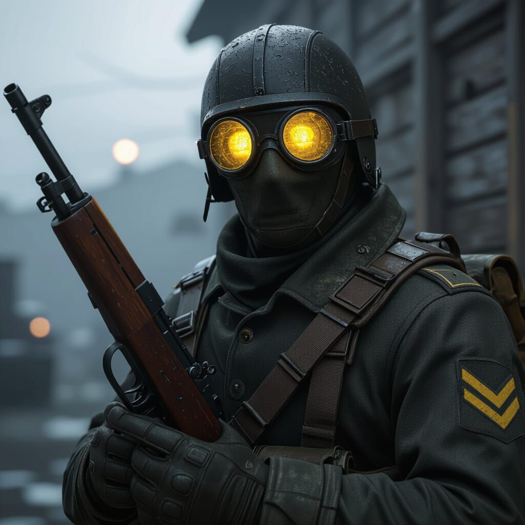 Mysterious Soldier in Old Uniform with Glowing Goggles