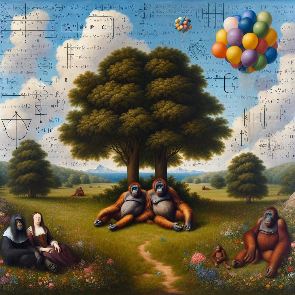 Surreal Meadow with Orangutans in Renaissance Style
