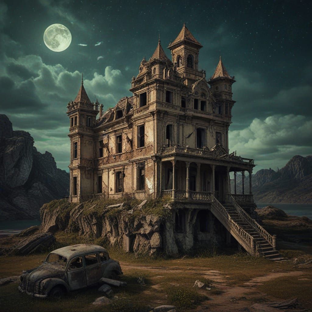 Decaying Castle on Floating Island Adrift in Stars