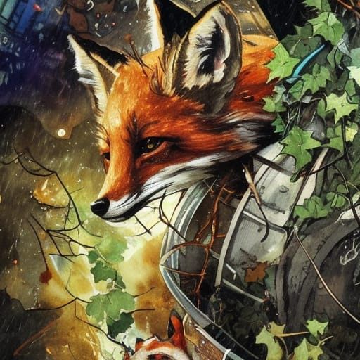 Fox in Apocalyptic Alley: Watercolor Fantasy Art