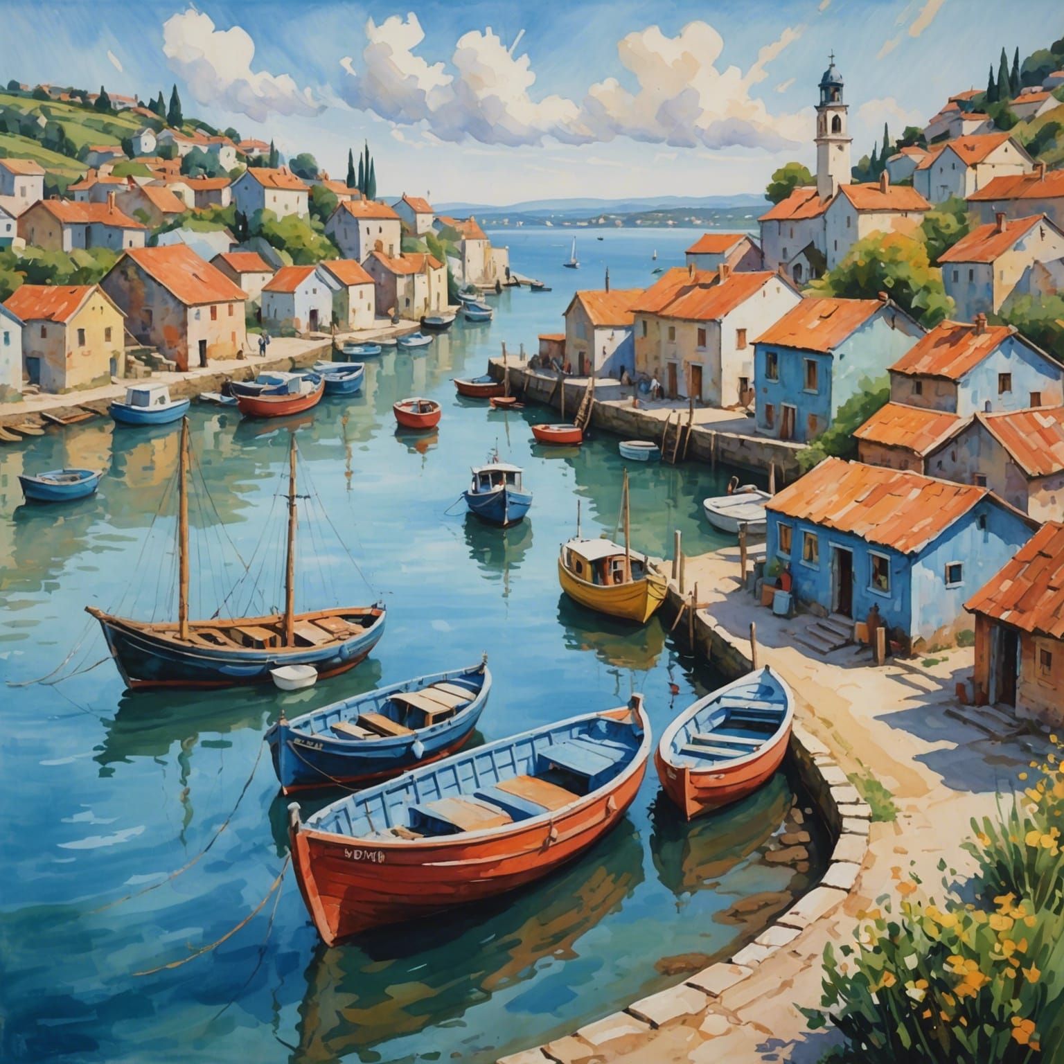 Impressionist Seaside Village with Boats in Gouache Style