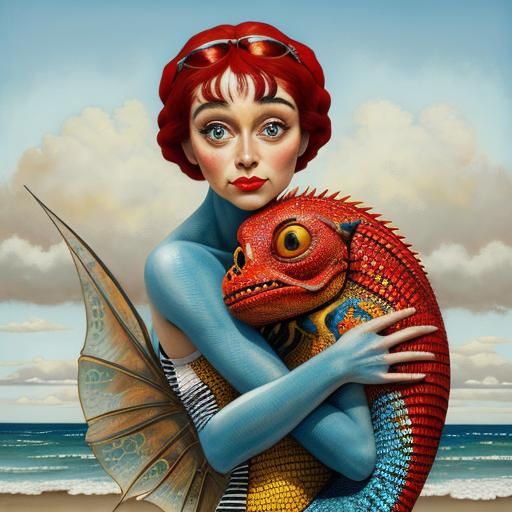 Hyperrealistic Beach Pinup with Striped Monster