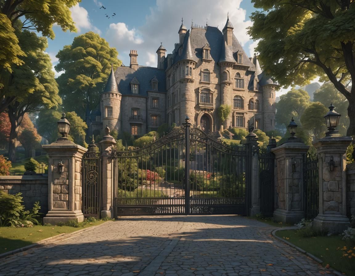 Grand Estate Driveway with Ornate Iron Gate