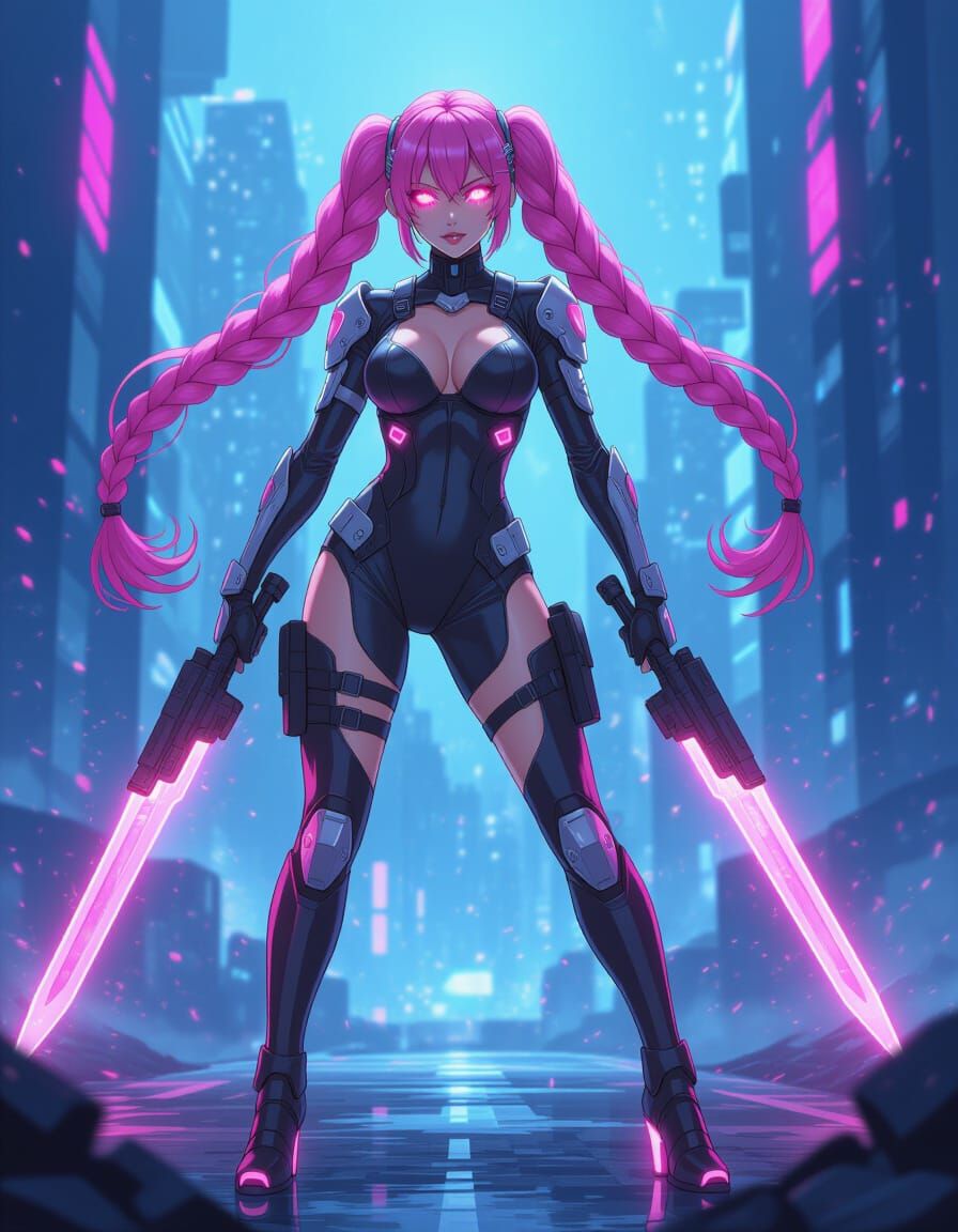 Confident Armored Woman with Cybernetic Eyes in Anime Style