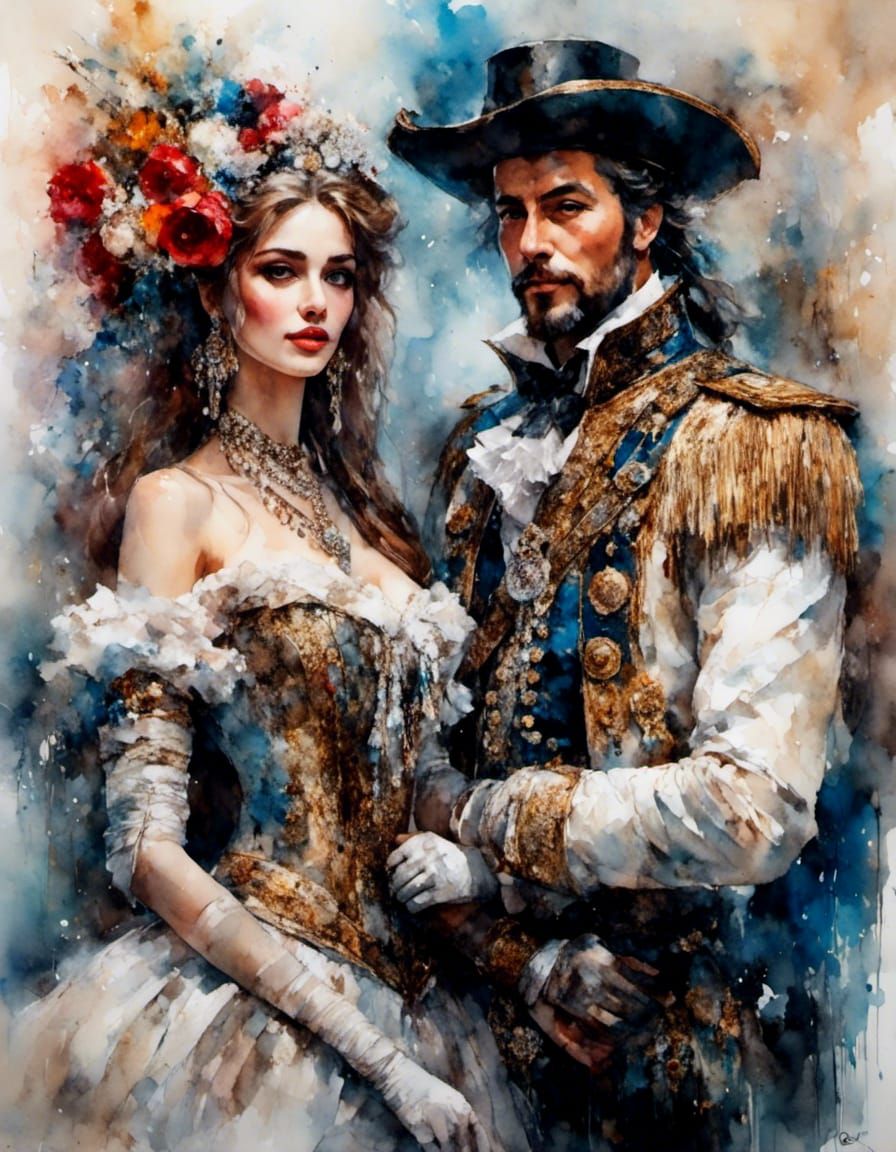 Romantic Throuple Portrait in Gouache and Watercolor