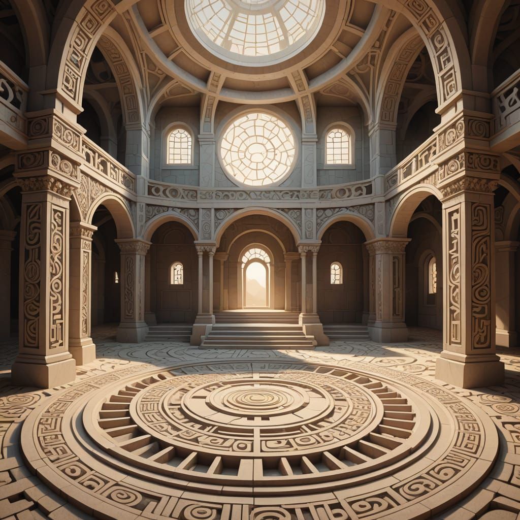 Escher-Inspired Temple with Lunar Glyphs and Soft Lighting