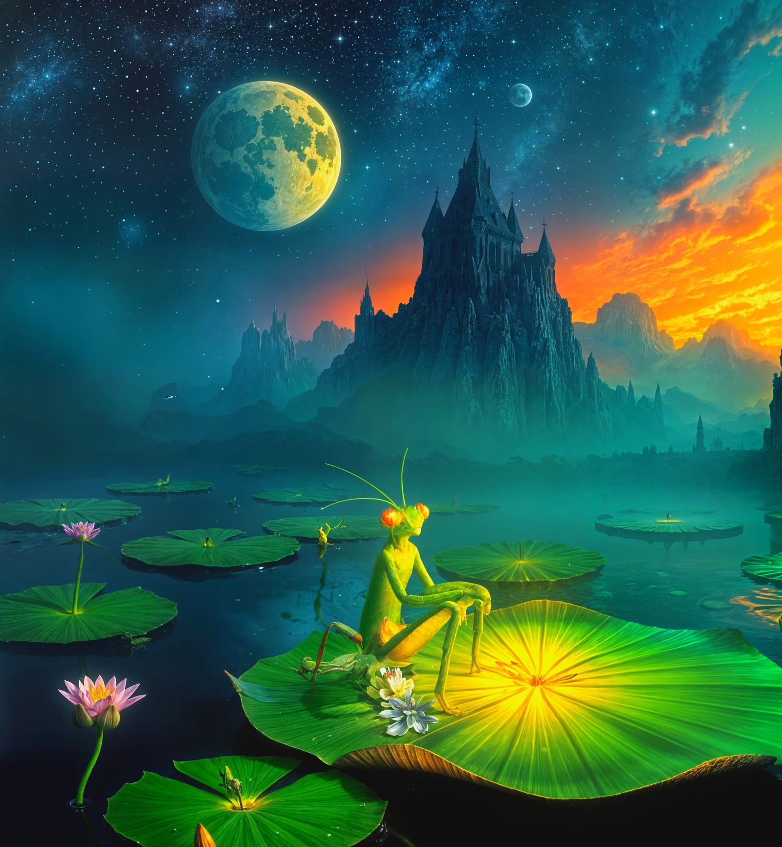 Bioluminescent Mantis Meditates in Surreal Medieval Landscap...