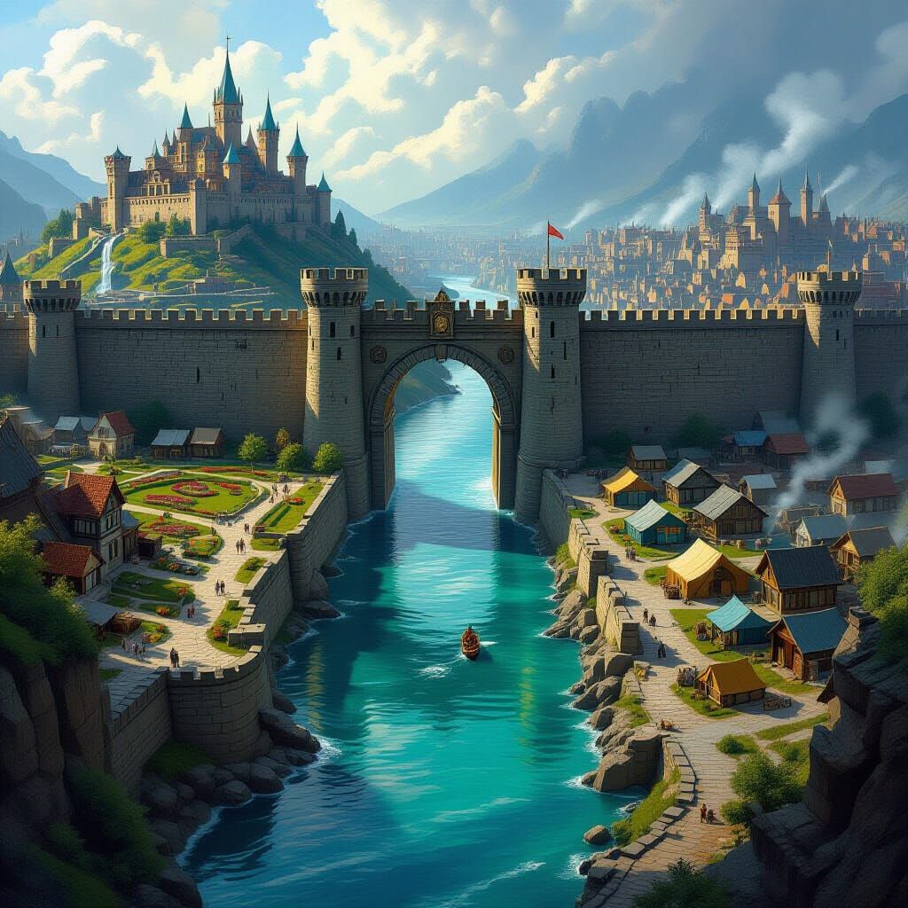 Epic Medieval City Divided by River and Wall