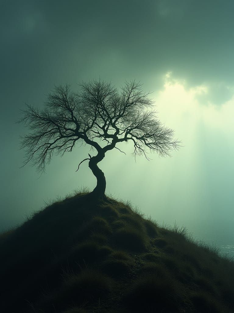 Mystical Windswept Tree on a Hilltop: Cinematic Film Still
