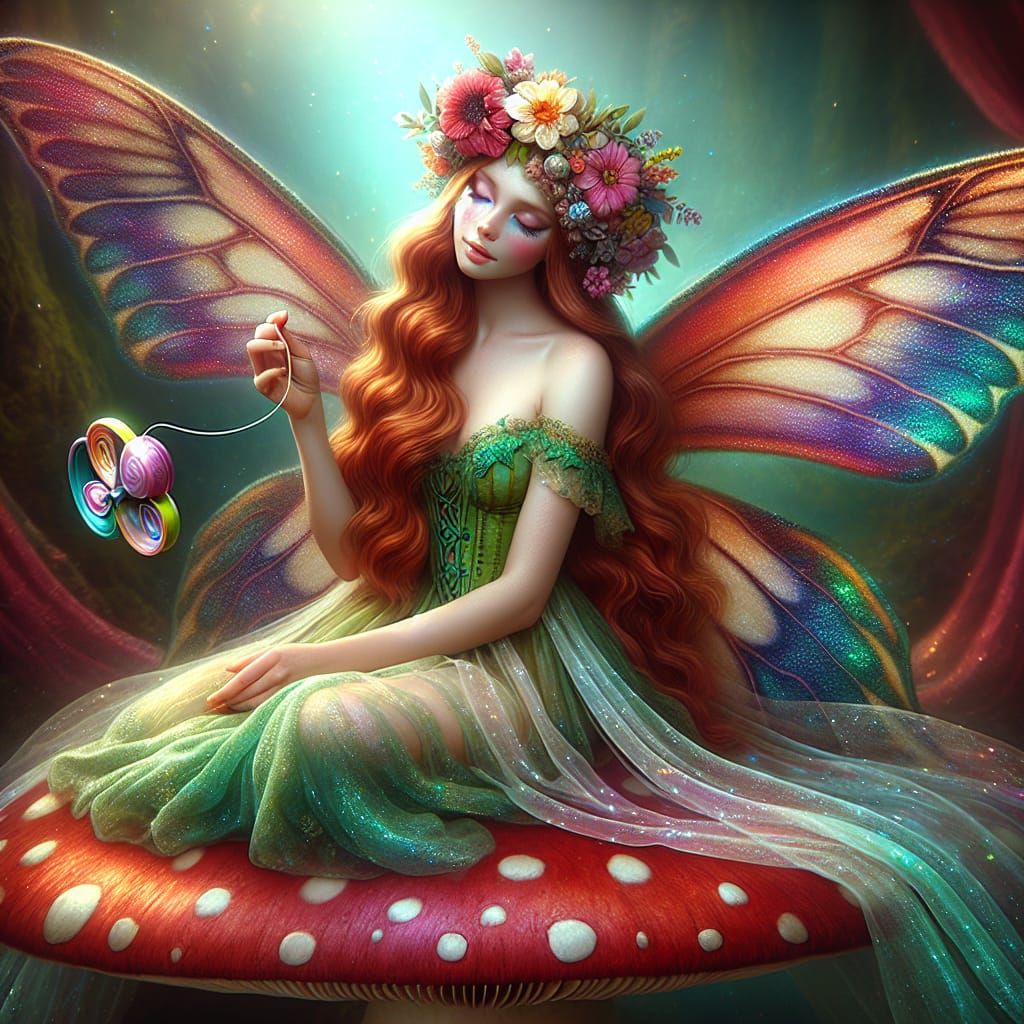 Fantasy Fairy on Mushroom with Yoyo