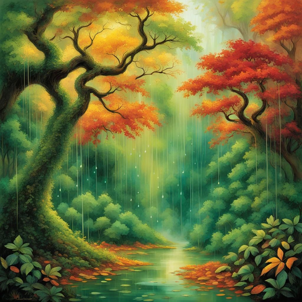 Emerald Jungle: Holographic Autumn Rain in Cosmic Illustrati...