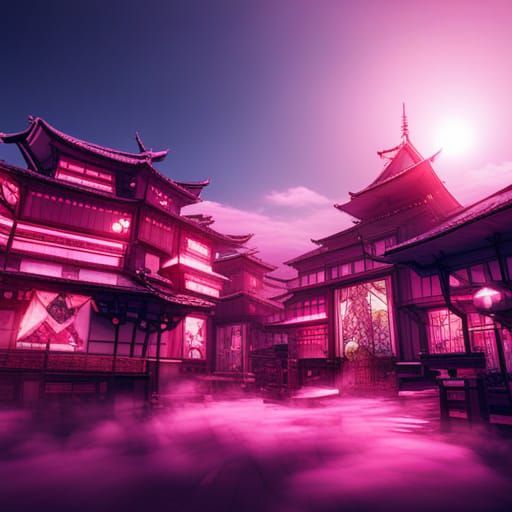 Fantastical Pink Japanese City in Detailed Matte Painting