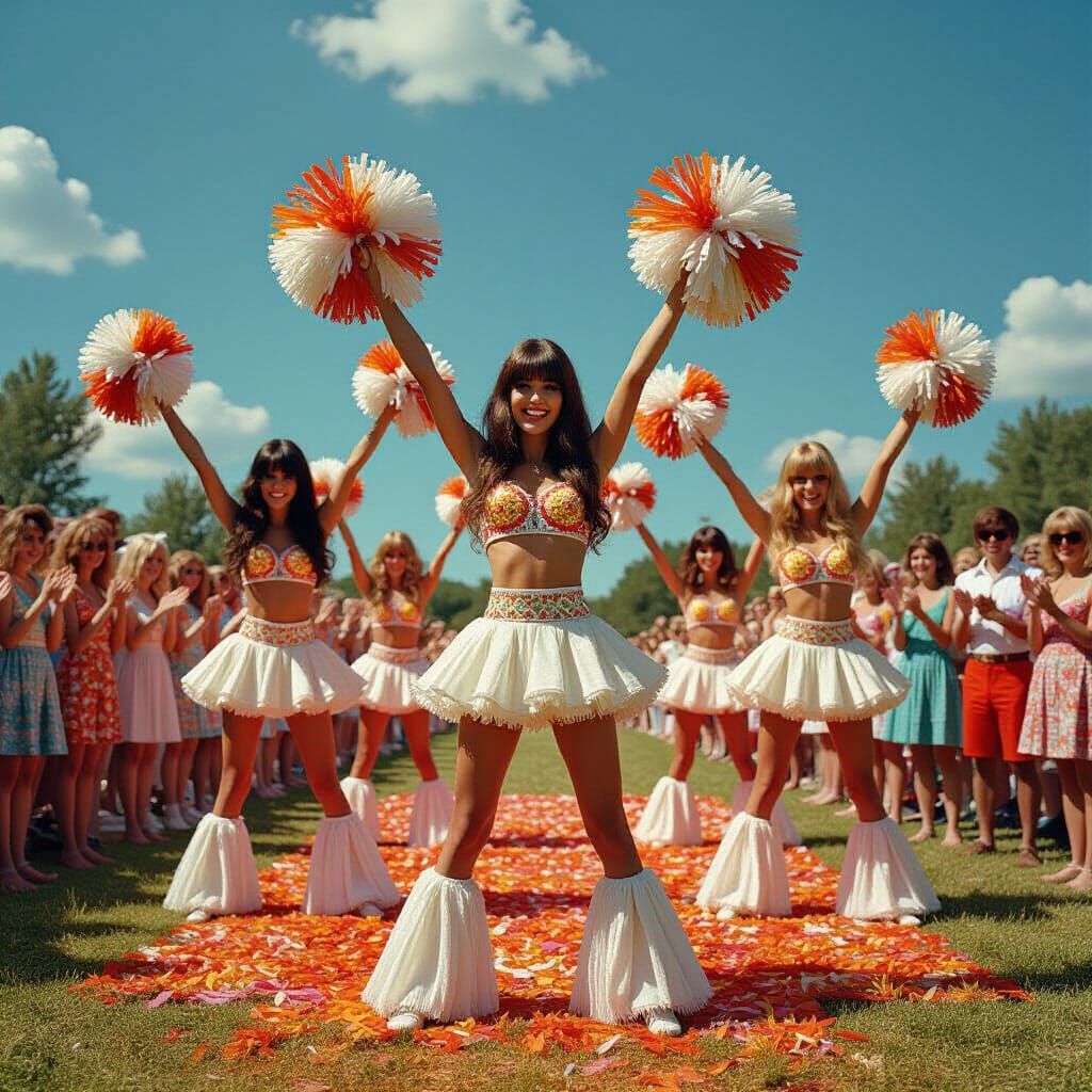 Surreal 60s Hippy Scene with Cheerleader Pom Poms