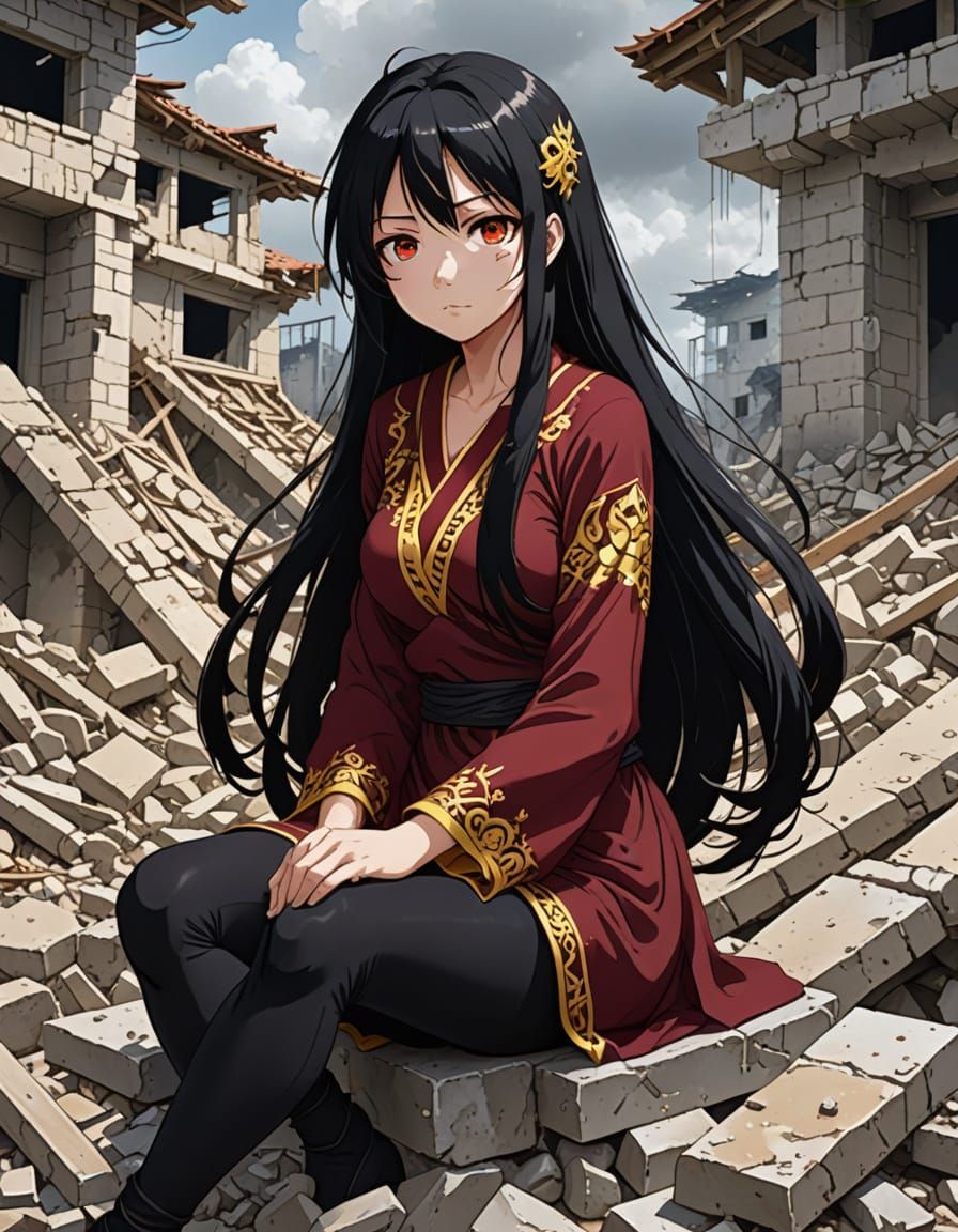 Anime Woman in Rubble with Flowing Hair