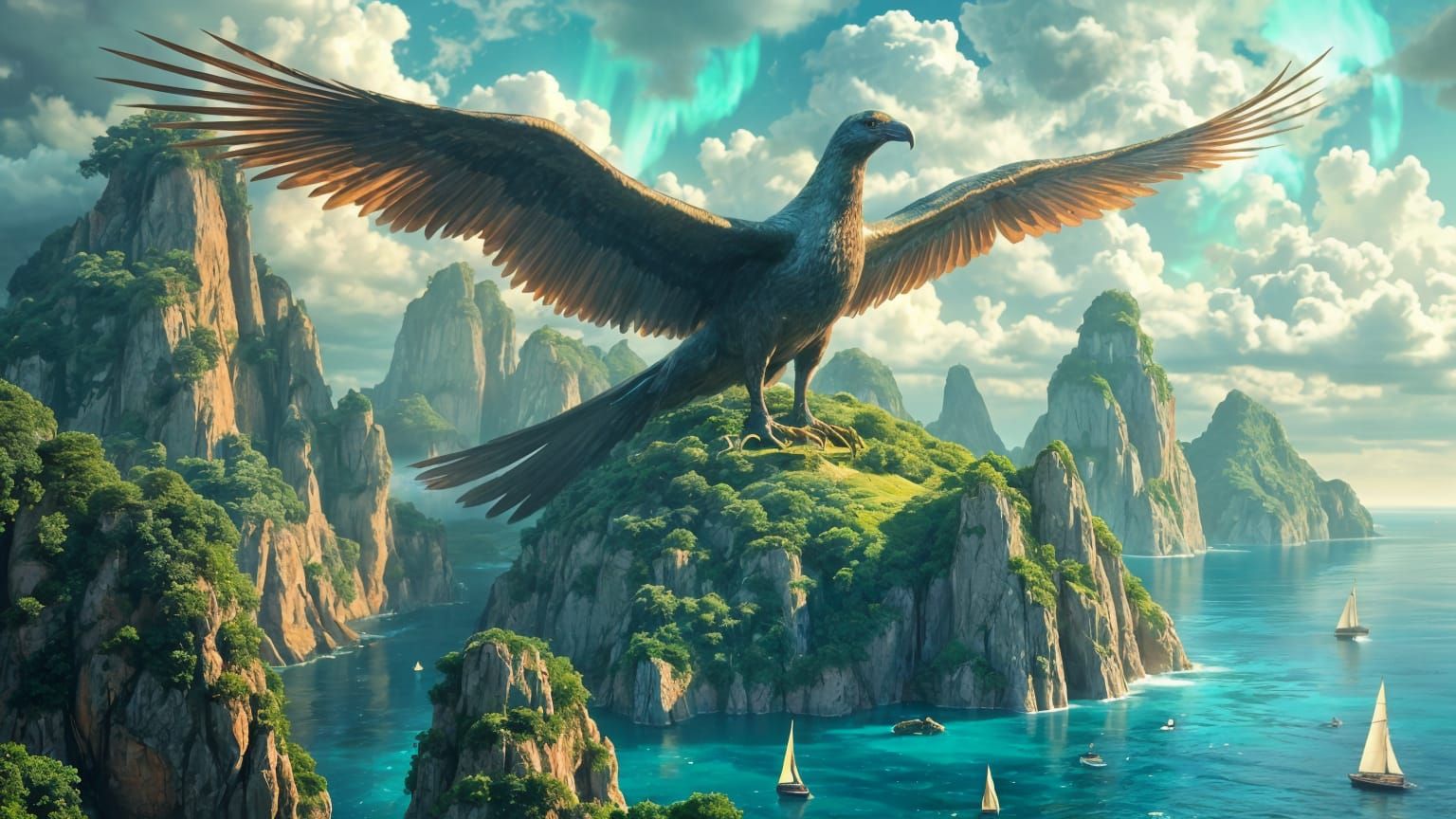 Majestic Bird Perched on Island in Dark Fantasy Style