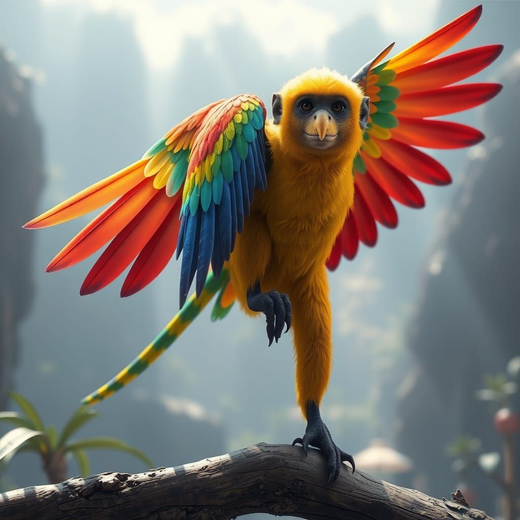 Rainbow Feathered Monkey-Bird Hybrid: Detailed Digital Paint...