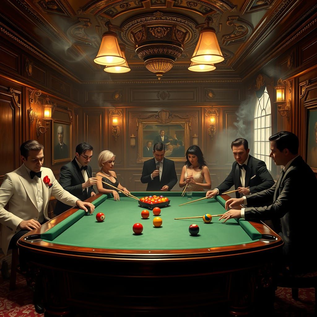Luxurious Billiard Room with Celebrities in High-Stakes Game