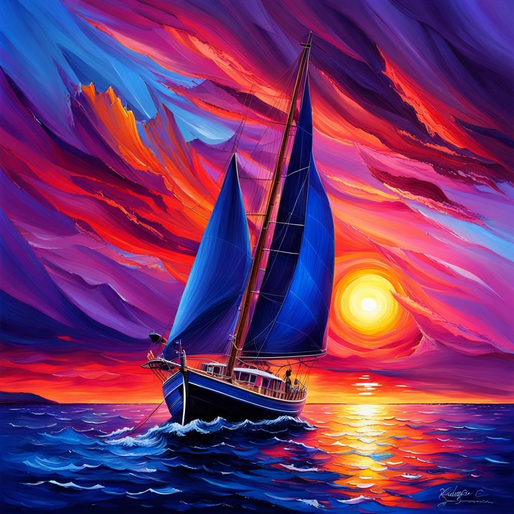 Sunset Sailing Boat in Digital Oil Painting