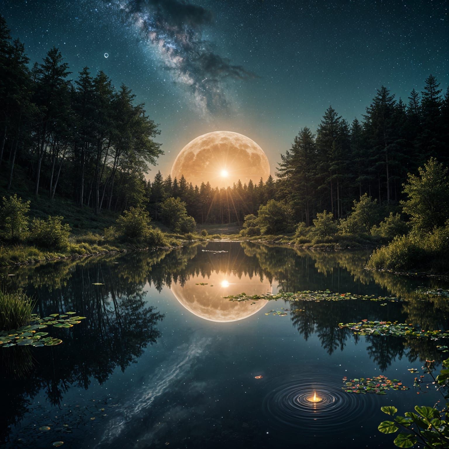 Realistic Wilderness Pond at Night with Celestial Portals