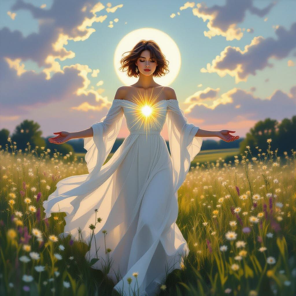 Ethereal Woman in Twilight Meadow, Impressionist Style