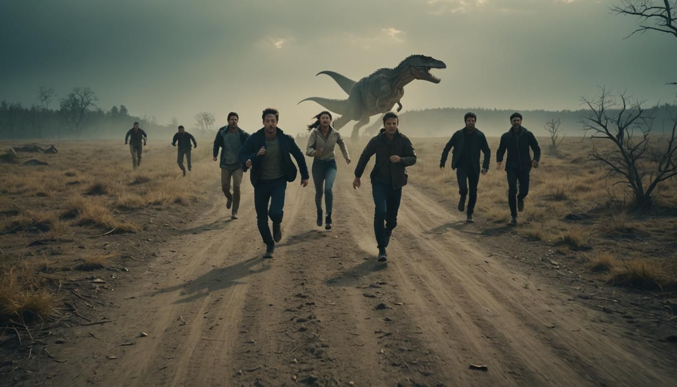 Dramatic Film Still of People Running in Fear