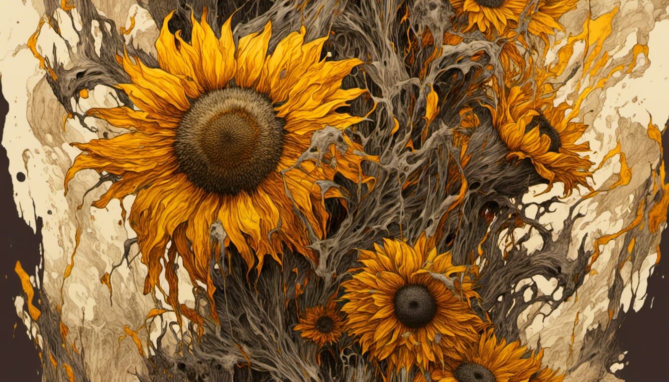 Macabre Floral Winds Ink Illustration with Glassy Sunflowers