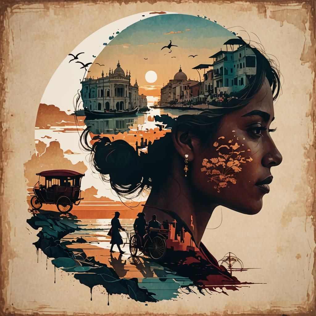 Marsala Silhouette Double Exposure Seashore Panorama