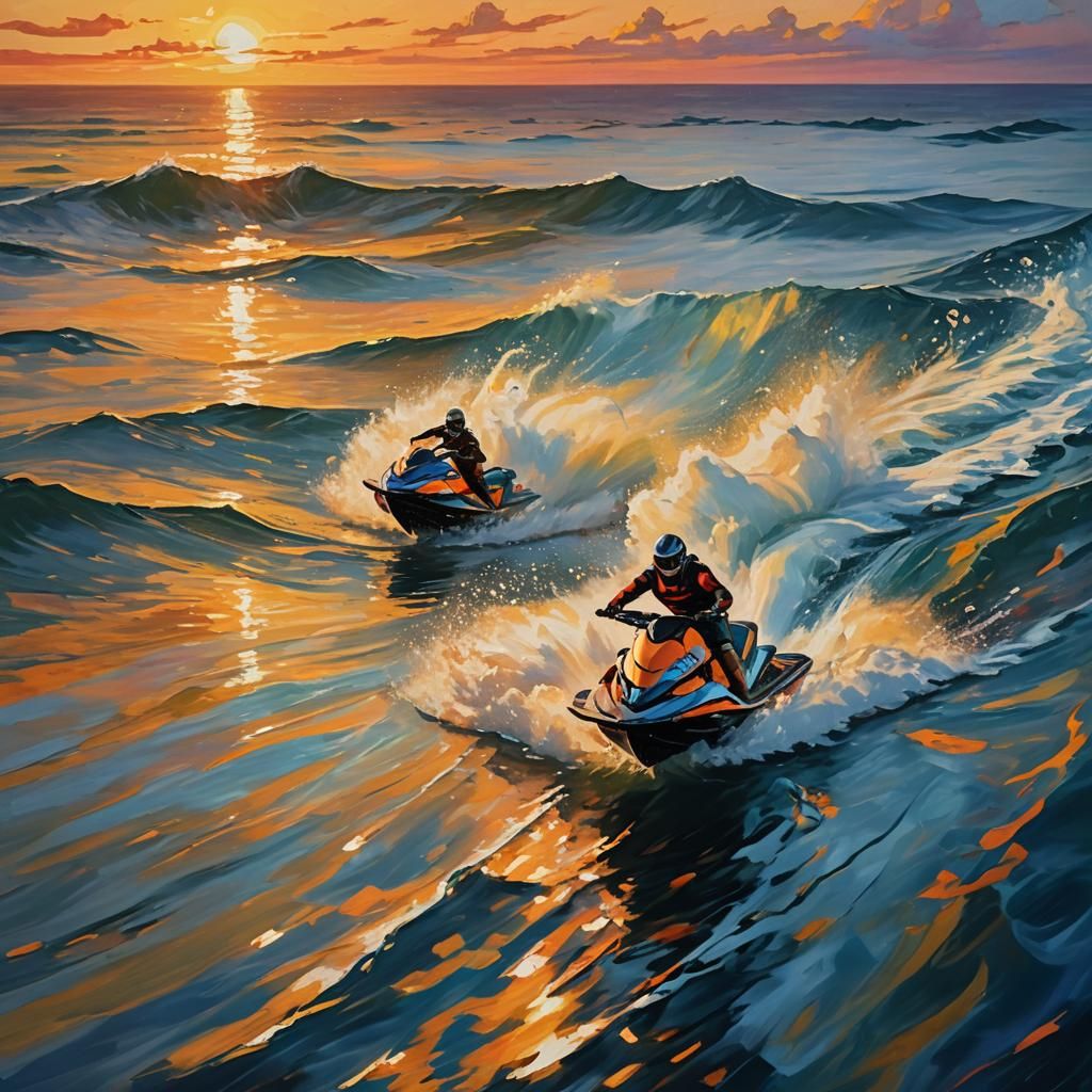 Energetic Oil Painting of Jet Skier at Sunset