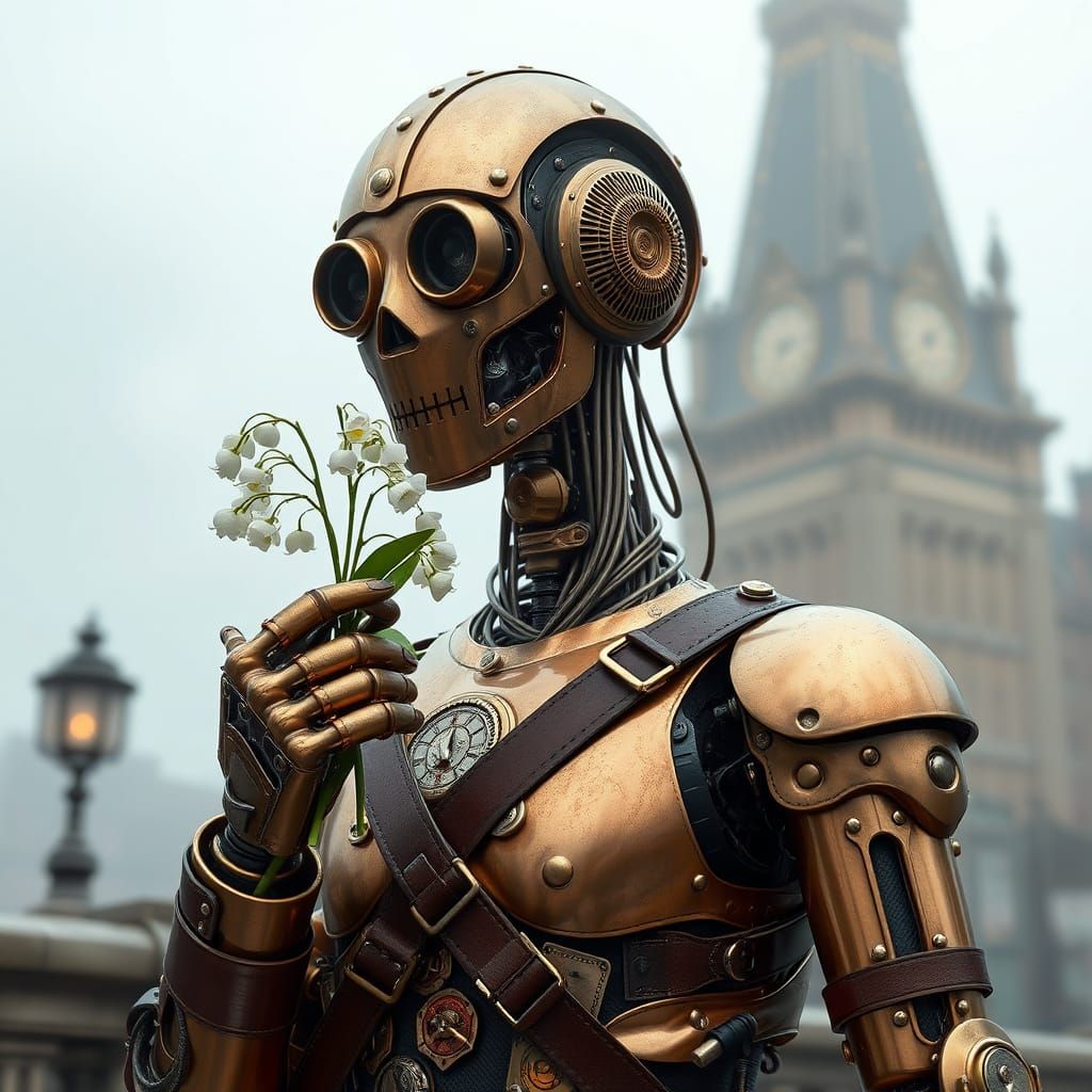 A Photorealistic Robot in Steam Punk Attire Holds a Bouquet ...