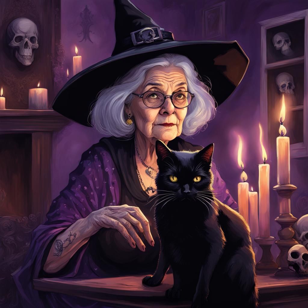 Gothic Witch and Black Cat Familiar Illustration