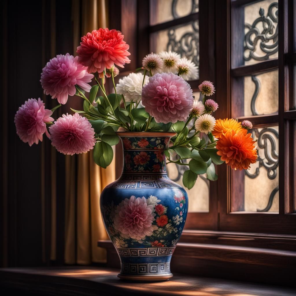 Flowers in Vase on Window Sill: Matte Painting