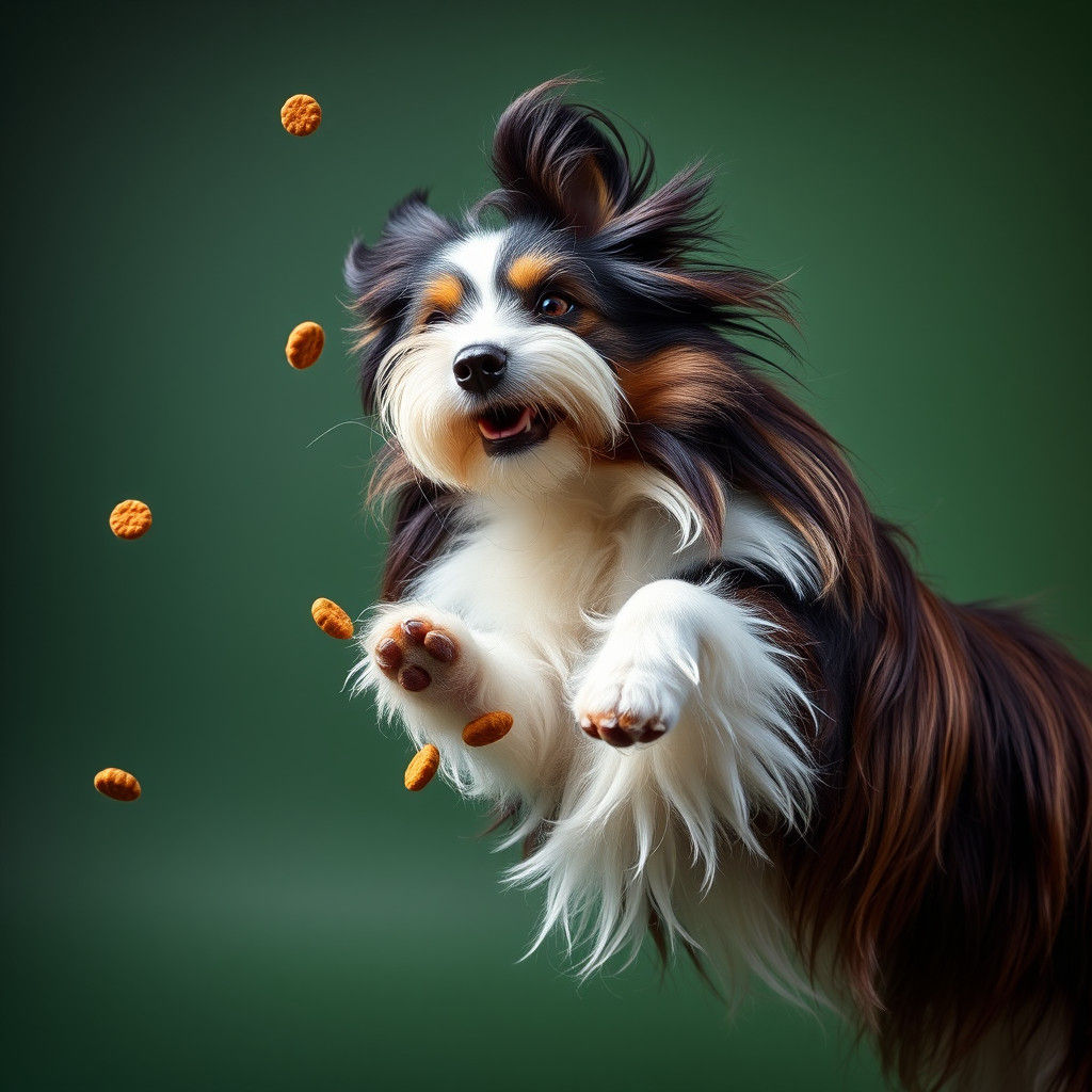 Bearded Collie Mid-Air Kibble Leap: Studio Shot