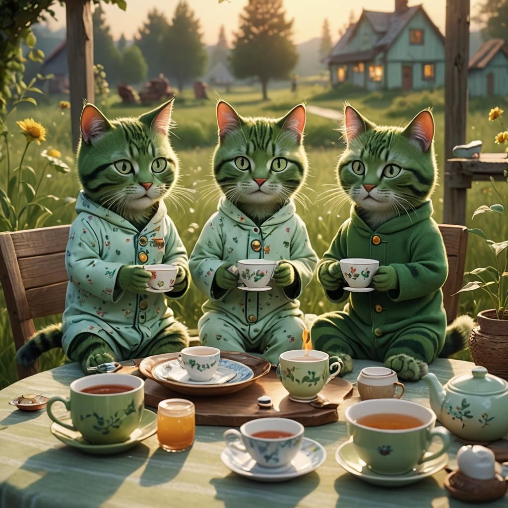 Pixar-Style Green Cats' Tea Party at Dawn