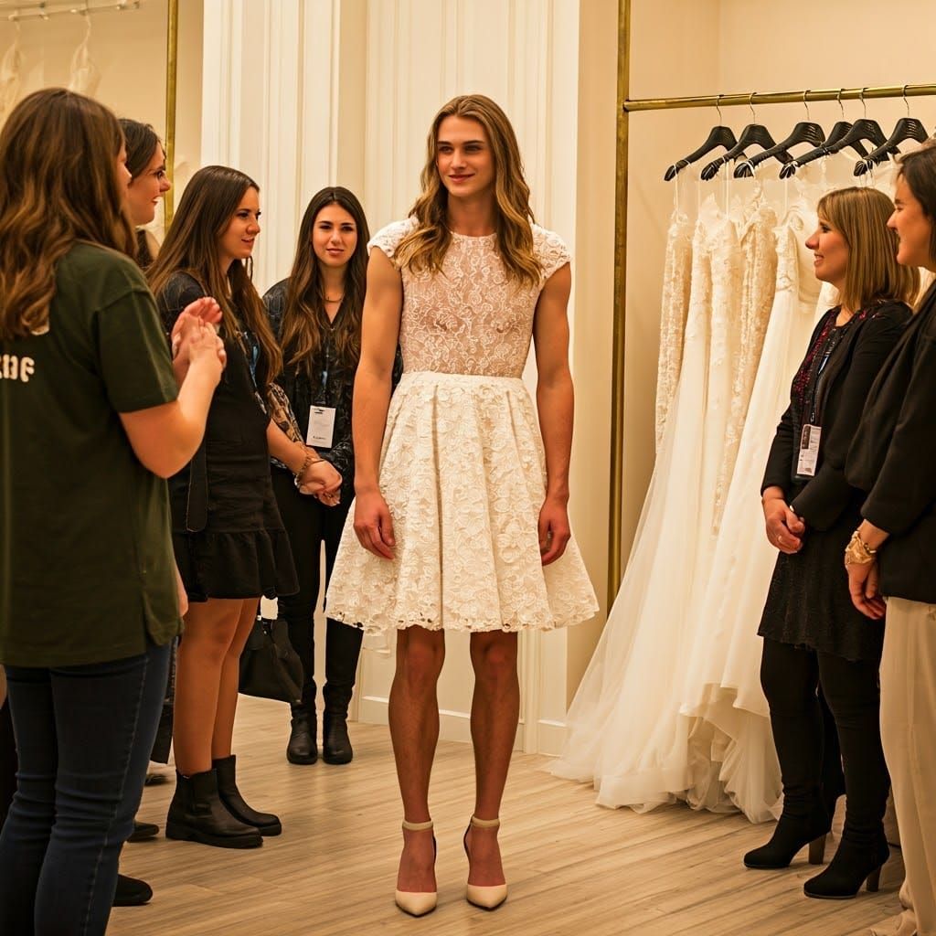 Chic Man in Bridal Dress, Surrounded by Adoring Women
